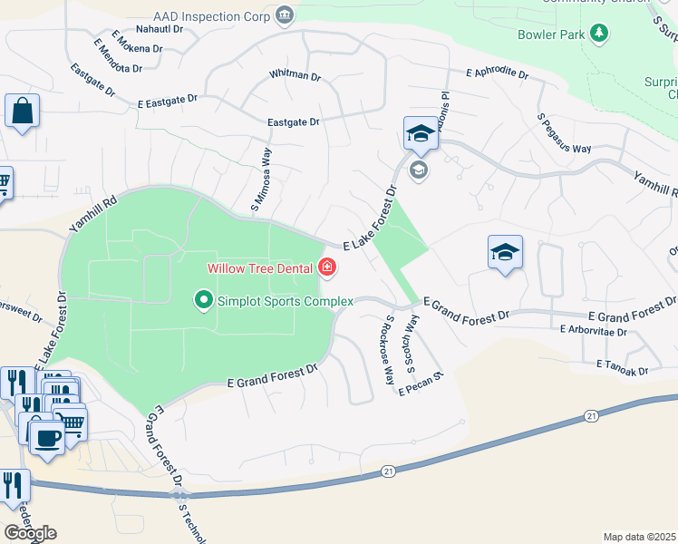 map of restaurants, bars, coffee shops, grocery stores, and more near 3533 East Lake Forest Drive in Boise