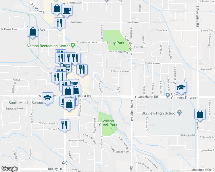 map of restaurants, bars, coffee shops, grocery stores, and more near 517 East Ohio Court in Nampa