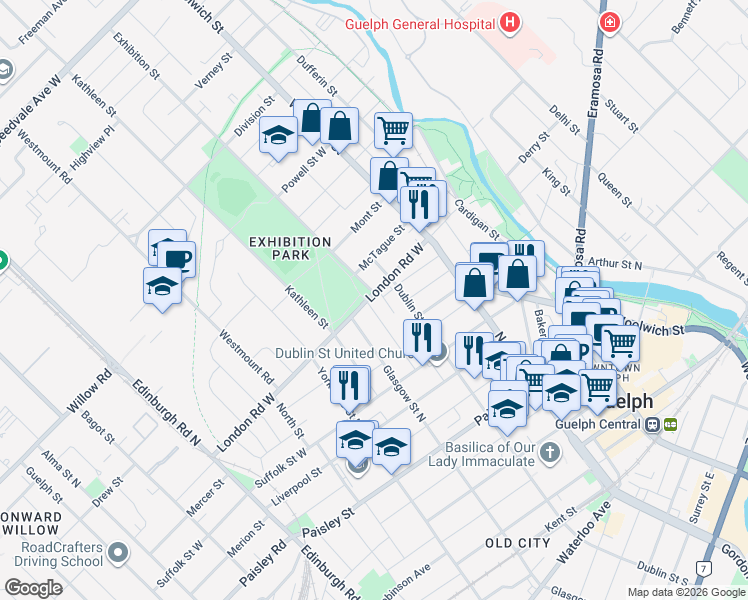 map of restaurants, bars, coffee shops, grocery stores, and more near 80 London Road West in Guelph