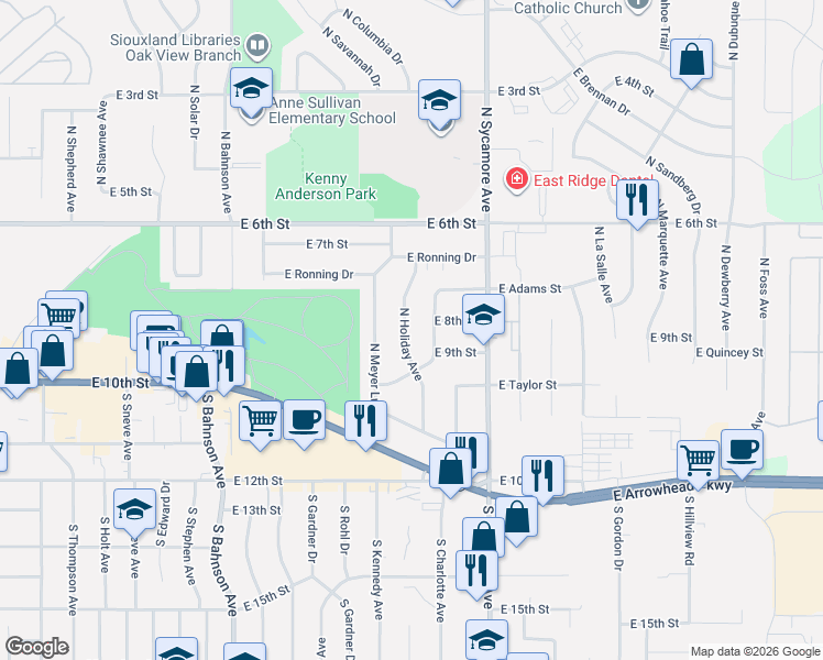 map of restaurants, bars, coffee shops, grocery stores, and more near 301-399 N Holiday Ave in Sioux Falls