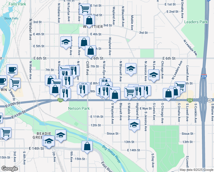 map of restaurants, bars, coffee shops, grocery stores, and more near 1420 East 9th Street in Sioux Falls