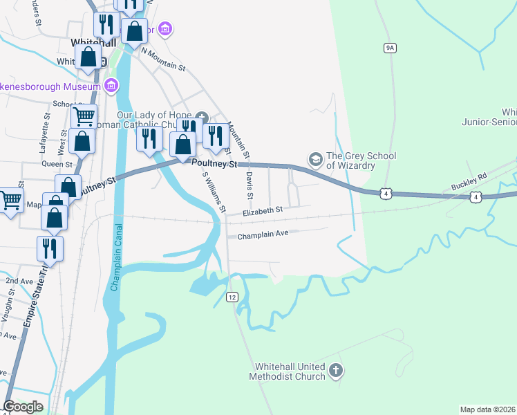 map of restaurants, bars, coffee shops, grocery stores, and more near 20 Elizabeth Street in Whitehall