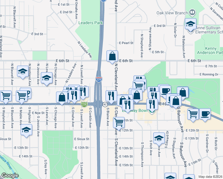 map of restaurants, bars, coffee shops, grocery stores, and more near 111 North Cleveland Avenue in Sioux Falls