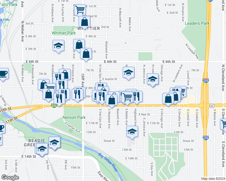 map of restaurants, bars, coffee shops, grocery stores, and more near 109 North Blauvelt Avenue in Sioux Falls