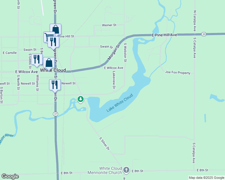 map of restaurants, bars, coffee shops, grocery stores, and more near 1445 East James Street in White Cloud