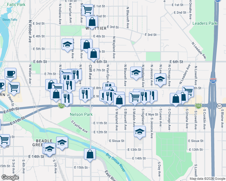 map of restaurants, bars, coffee shops, grocery stores, and more near 1420 East 9th Street in Sioux Falls