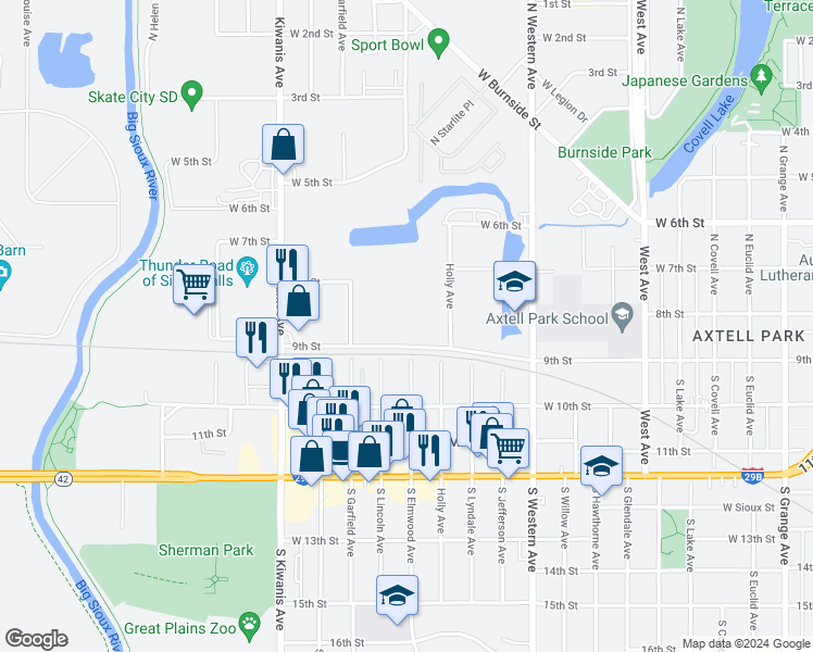 map of restaurants, bars, coffee shops, grocery stores, and more near 2300 West 9th Street in Sioux Falls