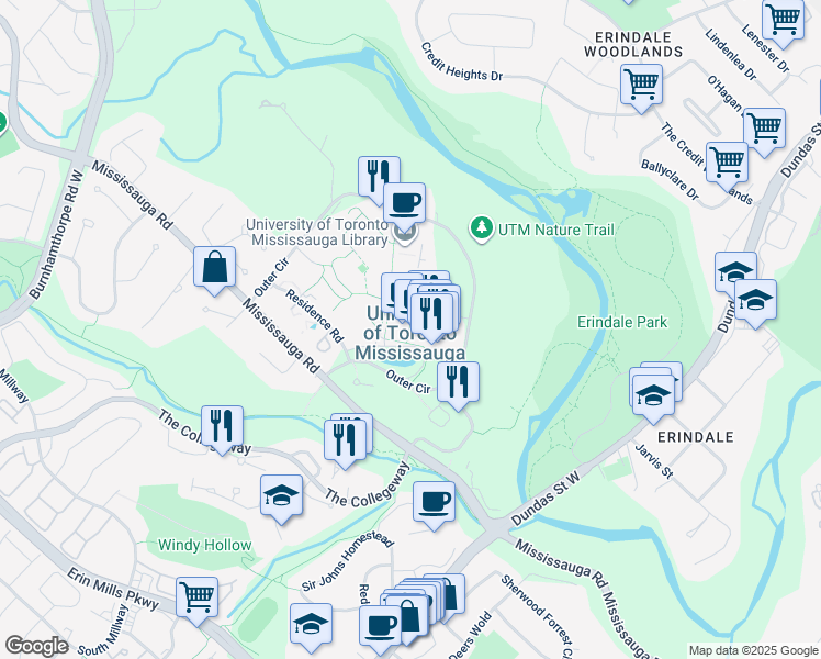 map of restaurants, bars, coffee shops, grocery stores, and more near 3359 Mississauga Road in Mississauga