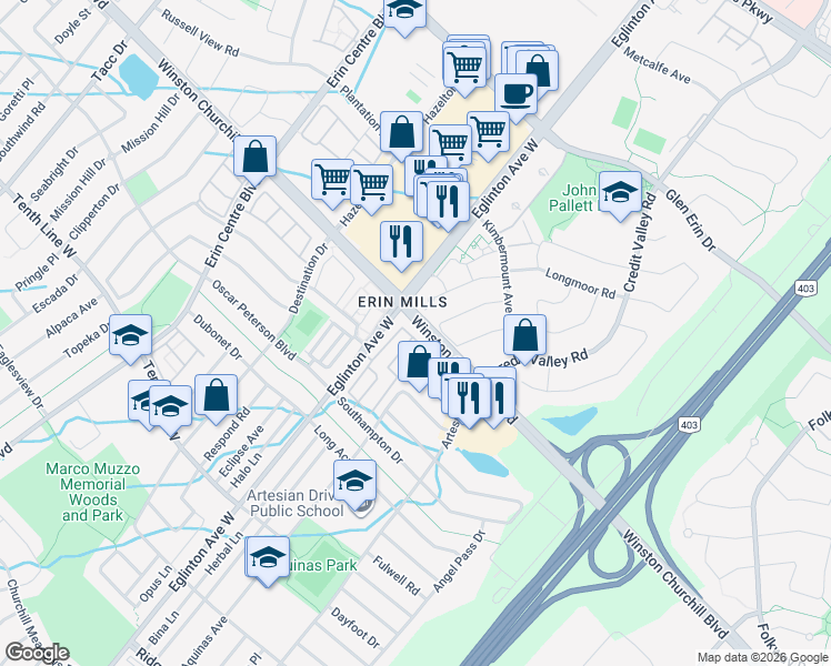 map of restaurants, bars, coffee shops, grocery stores, and more near in Mississauga