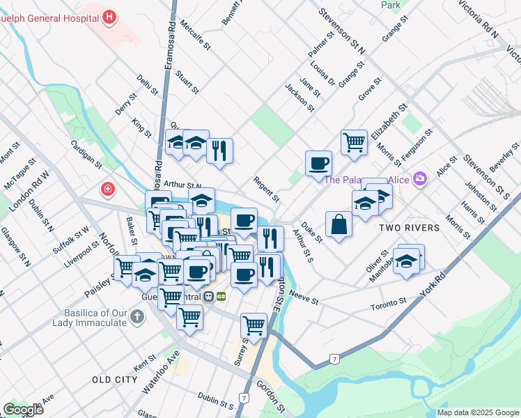 map of restaurants, bars, coffee shops, grocery stores, and more near 32 Arthur Street North in Guelph