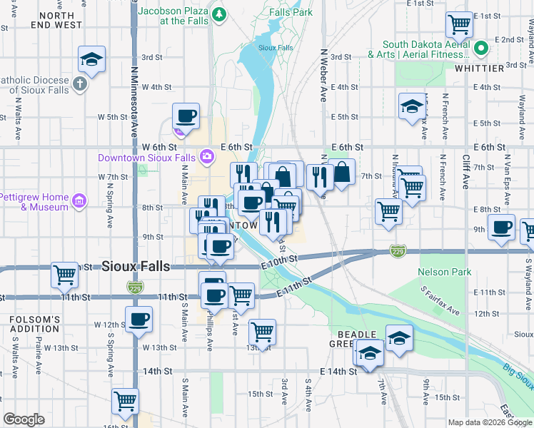 map of restaurants, bars, coffee shops, grocery stores, and more near 311 East 8th Street in Sioux Falls