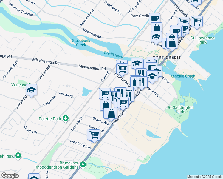 map of restaurants, bars, coffee shops, grocery stores, and more near in Mississauga