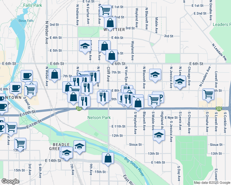 map of restaurants, bars, coffee shops, grocery stores, and more near 120 North Cliff Avenue in Sioux Falls