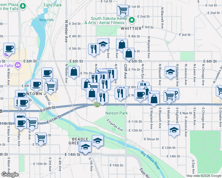 map of restaurants, bars, coffee shops, grocery stores, and more near 927 East 8th Street in Sioux Falls