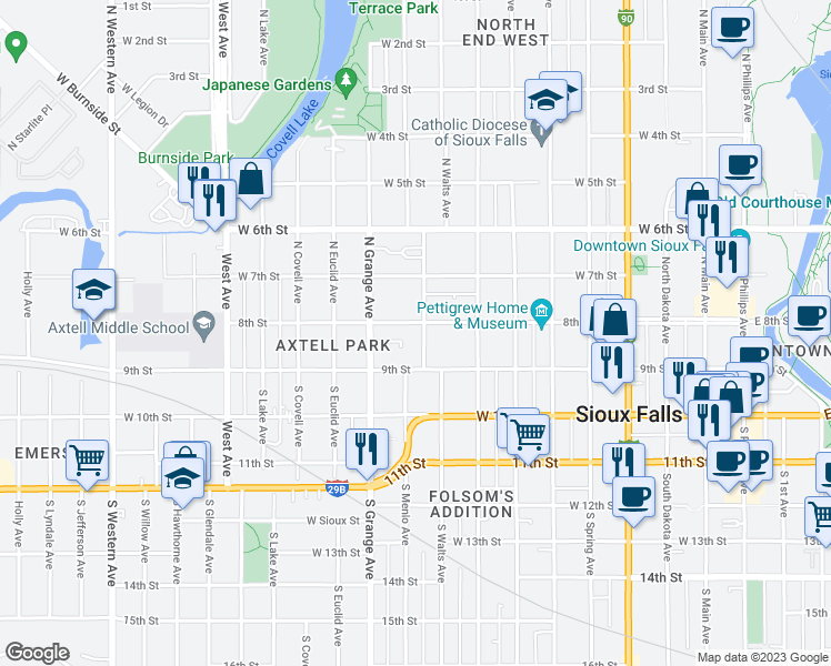 map of restaurants, bars, coffee shops, grocery stores, and more near 115 North Trapp Avenue in Sioux Falls