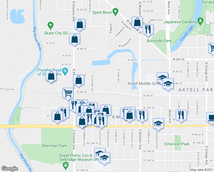 map of restaurants, bars, coffee shops, grocery stores, and more near 2300 West 9th Street in Sioux Falls