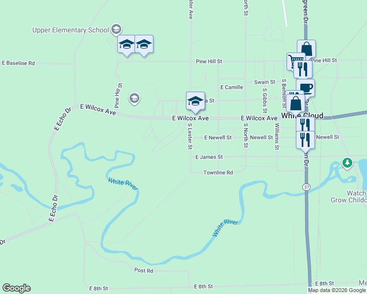 map of restaurants, bars, coffee shops, grocery stores, and more near 325 South Lester Street in White Cloud