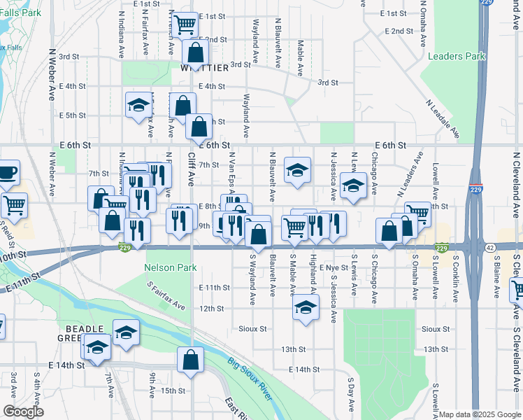 map of restaurants, bars, coffee shops, grocery stores, and more near 109 North Blauvelt Avenue in Sioux Falls