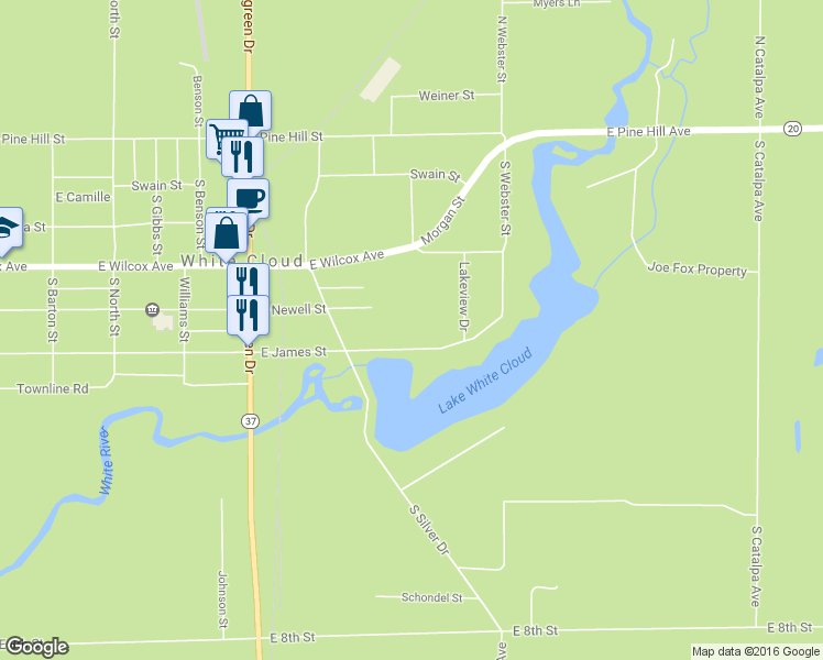 map of restaurants, bars, coffee shops, grocery stores, and more near 1413 East James Street in White Cloud