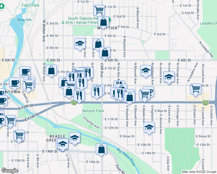map of restaurants, bars, coffee shops, grocery stores, and more near 120 North Cliff Avenue in Sioux Falls