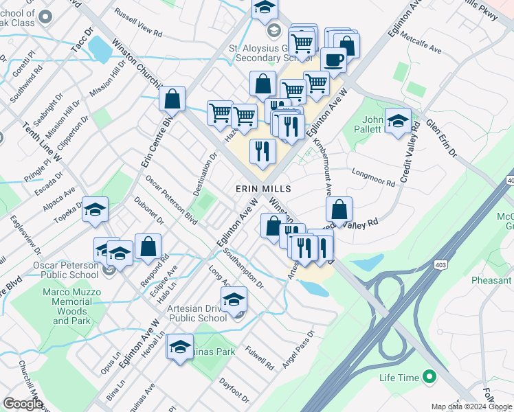 map of restaurants, bars, coffee shops, grocery stores, and more near 3046 Eglinton Avenue West in Mississauga