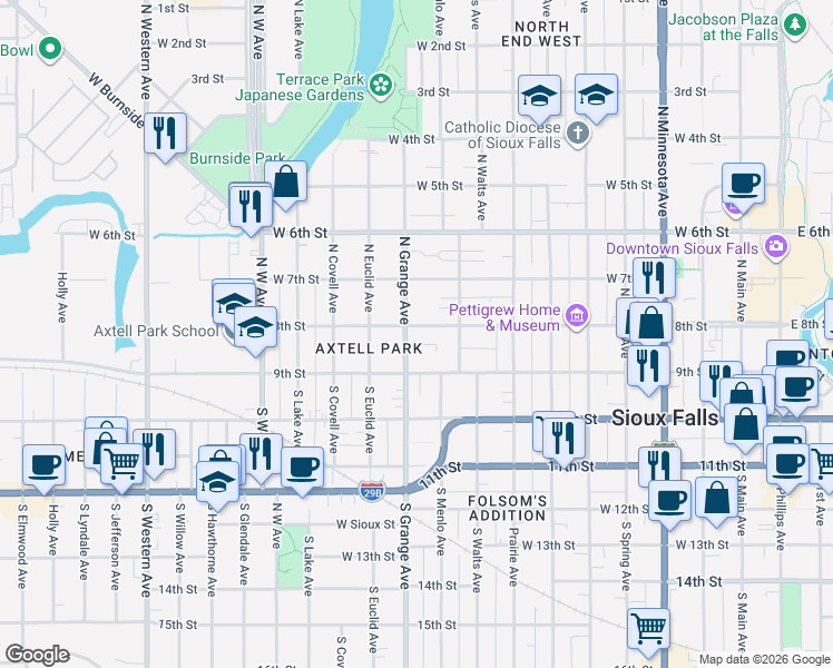 map of restaurants, bars, coffee shops, grocery stores, and more near 124 North Grange Avenue in Sioux Falls