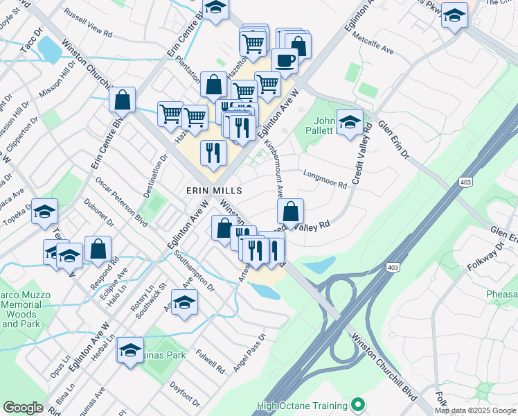 map of restaurants, bars, coffee shops, grocery stores, and more near 2671 Lindholm Crescent in Mississauga