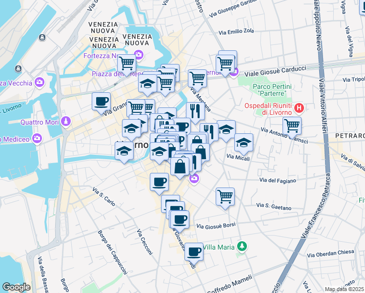 map of restaurants, bars, coffee shops, grocery stores, and more near 62 Via Ernesto Rossi in Livorno