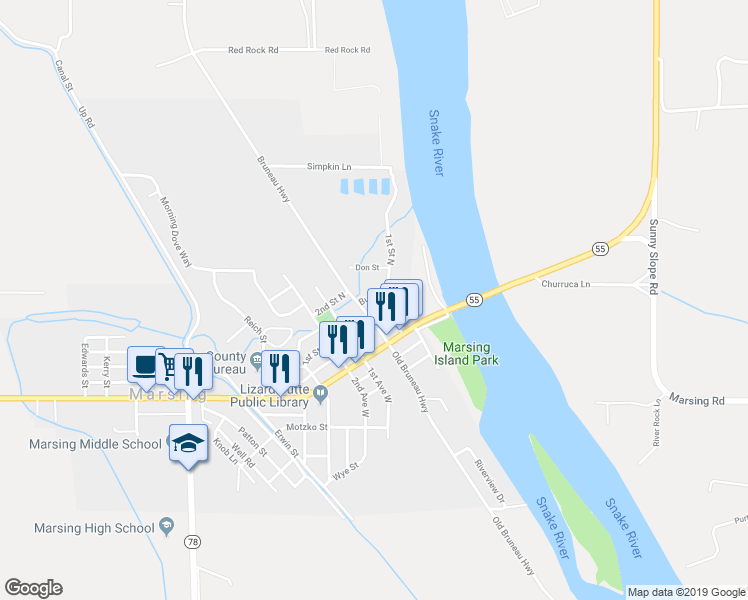 map of restaurants, bars, coffee shops, grocery stores, and more near 9 Butte Lane in Marsing