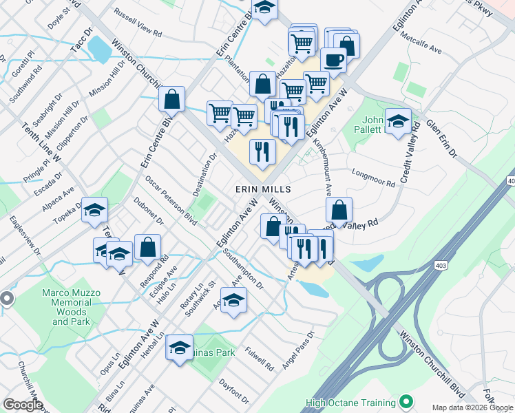 map of restaurants, bars, coffee shops, grocery stores, and more near 3046 Eglinton Avenue West in Mississauga