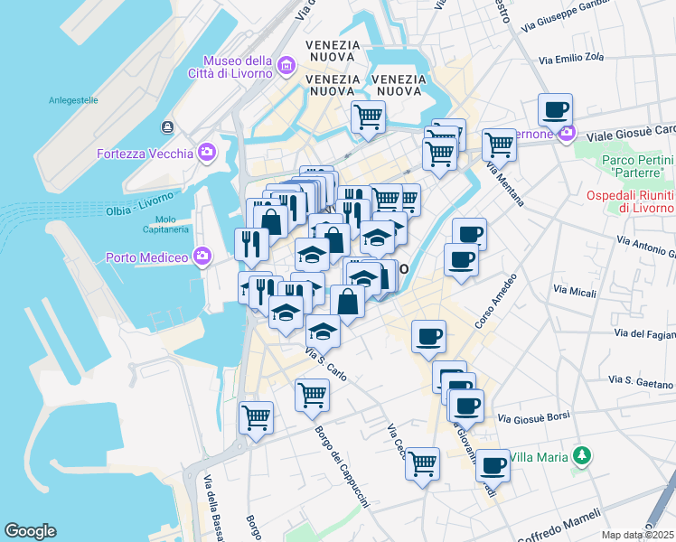 map of restaurants, bars, coffee shops, grocery stores, and more near 5 Via Giuseppe Chiarini in Livorno