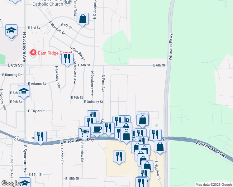 map of restaurants, bars, coffee shops, grocery stores, and more near 100-334 North Cory Place in Sioux Falls