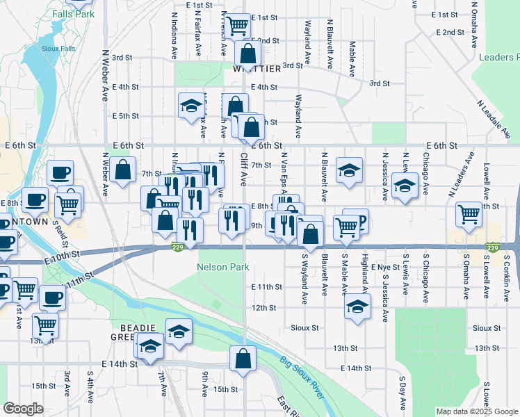 map of restaurants, bars, coffee shops, grocery stores, and more near 120 North Cliff Avenue in Sioux Falls