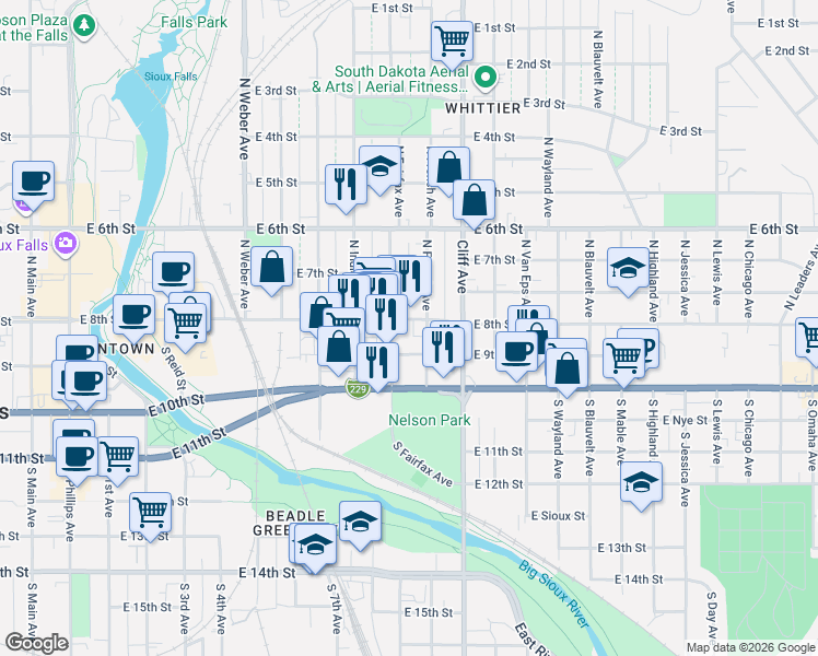 map of restaurants, bars, coffee shops, grocery stores, and more near 927 East 8th Street in Sioux Falls