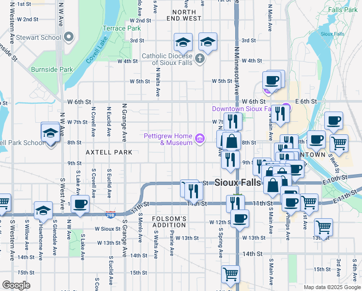 map of restaurants, bars, coffee shops, grocery stores, and more near 126 North Prairie Avenue in Sioux Falls