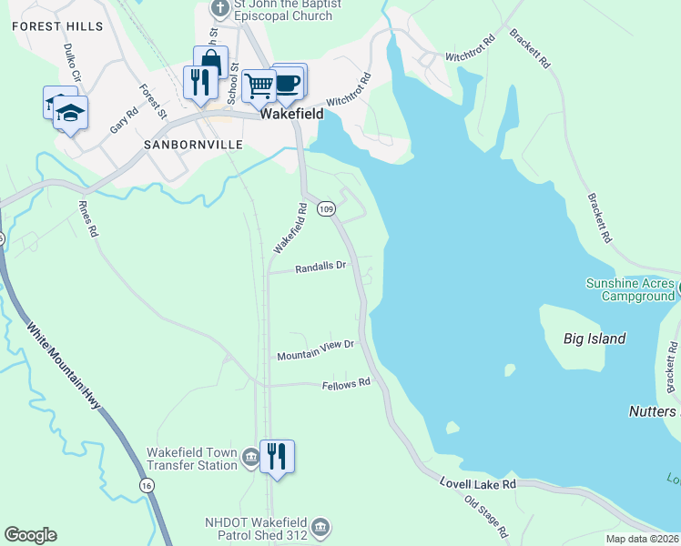 map of restaurants, bars, coffee shops, grocery stores, and more near 124 Lovell Lake Road in Wakefield