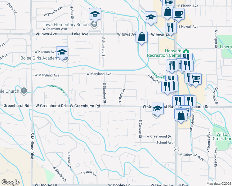 map of restaurants, bars, coffee shops, grocery stores, and more near 530 Seasons Court in Nampa