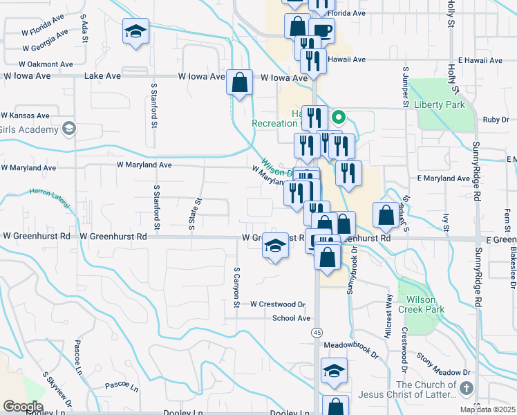 map of restaurants, bars, coffee shops, grocery stores, and more near 2105 12th Avenue Road in Nampa