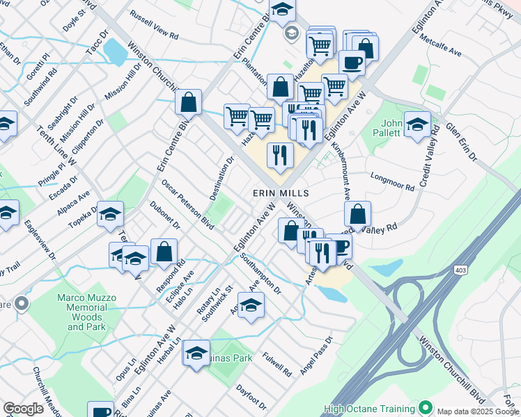 map of restaurants, bars, coffee shops, grocery stores, and more near 5005 Harvard Road in Mississauga