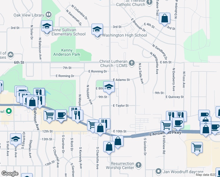map of restaurants, bars, coffee shops, grocery stores, and more near 101 North Sycamore Avenue in Sioux Falls