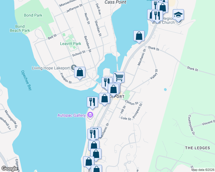 map of restaurants, bars, coffee shops, grocery stores, and more near 23 Elm Street in Laconia