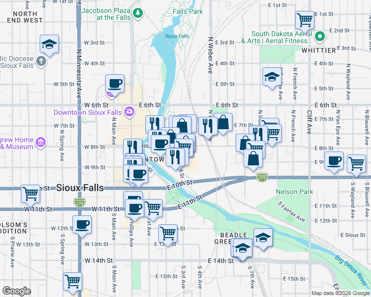 map of restaurants, bars, coffee shops, grocery stores, and more near 401 East 8th Street in Sioux Falls