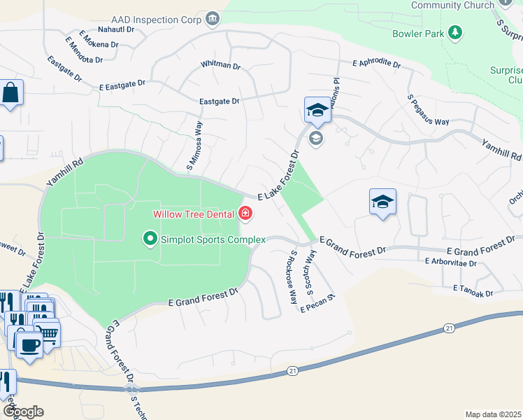map of restaurants, bars, coffee shops, grocery stores, and more near 3533 East Lake Forest Drive in Boise