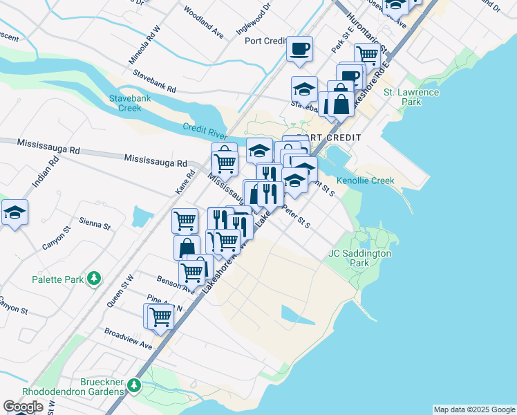 map of restaurants, bars, coffee shops, grocery stores, and more near in Mississauga