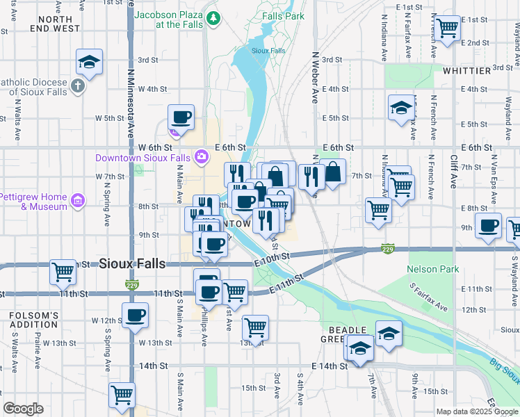 map of restaurants, bars, coffee shops, grocery stores, and more near 311 East 8th Street in Sioux Falls