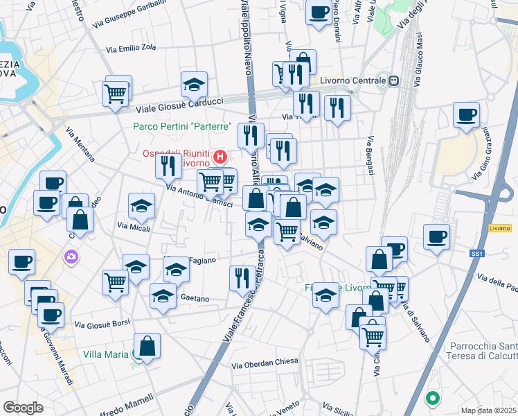 map of restaurants, bars, coffee shops, grocery stores, and more near 44 Viale Francesco Petrarca in Livorno