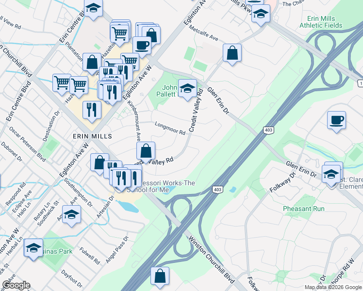 map of restaurants, bars, coffee shops, grocery stores, and more near 2587 Credit Valley Road in Mississauga