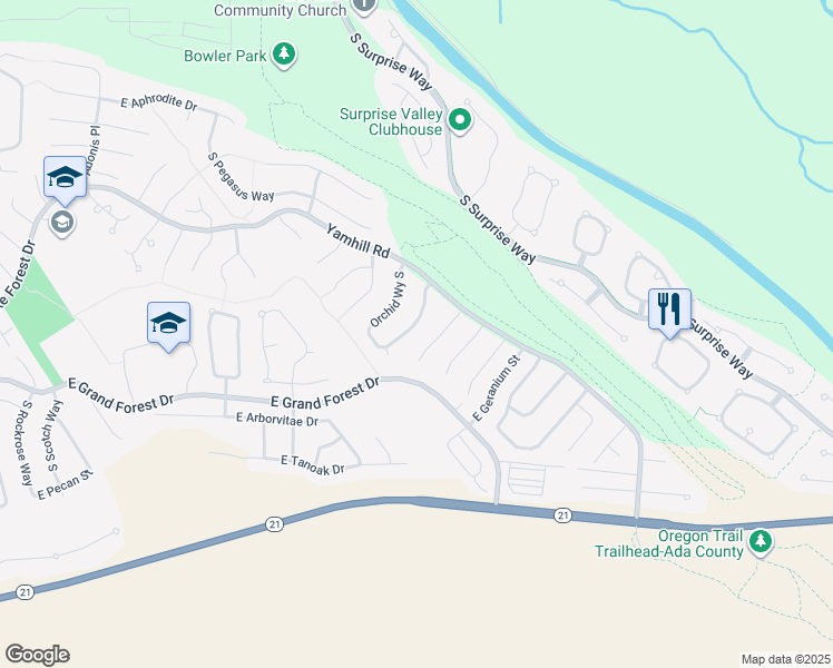 map of restaurants, bars, coffee shops, grocery stores, and more near 5960 South Snowdrop Place in Boise