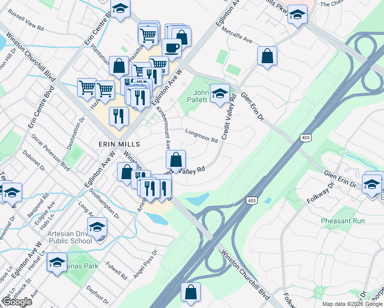 map of restaurants, bars, coffee shops, grocery stores, and more near in Mississauga