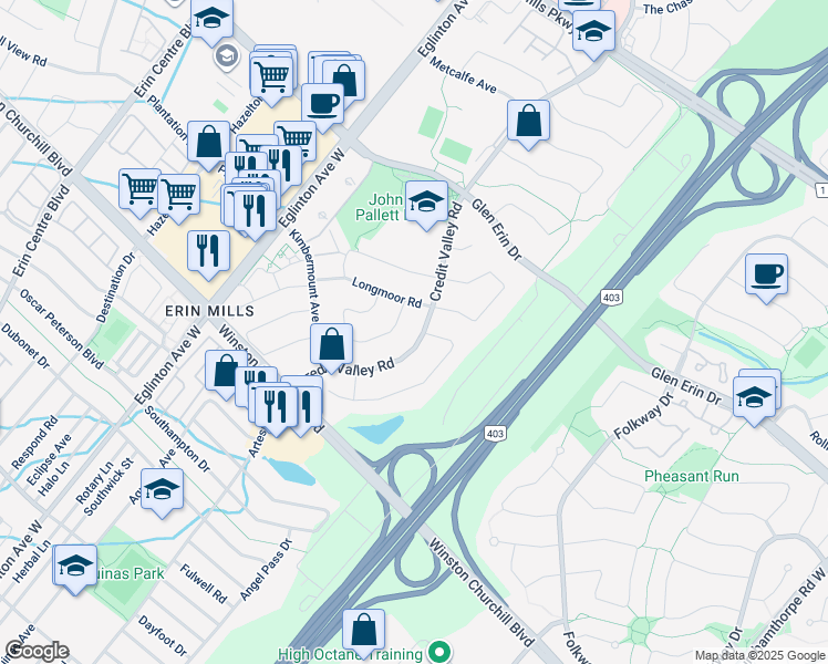 map of restaurants, bars, coffee shops, grocery stores, and more near 2587 Credit Valley Road in Mississauga